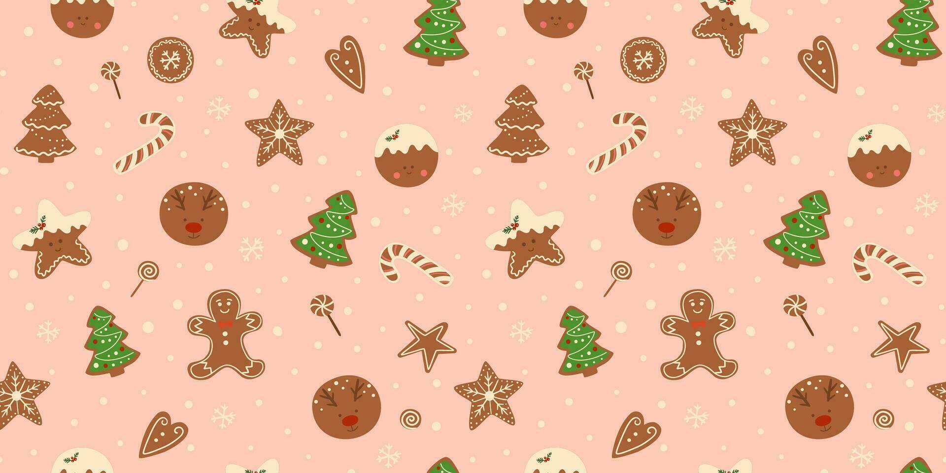 Christmas cookies seamless pattern on pink background. Vector Christmas dessert repeat print, hand drawn tasty gingerbread illustration. Sweet design for wallpaper, textile, backdrop, wrapping paper.
