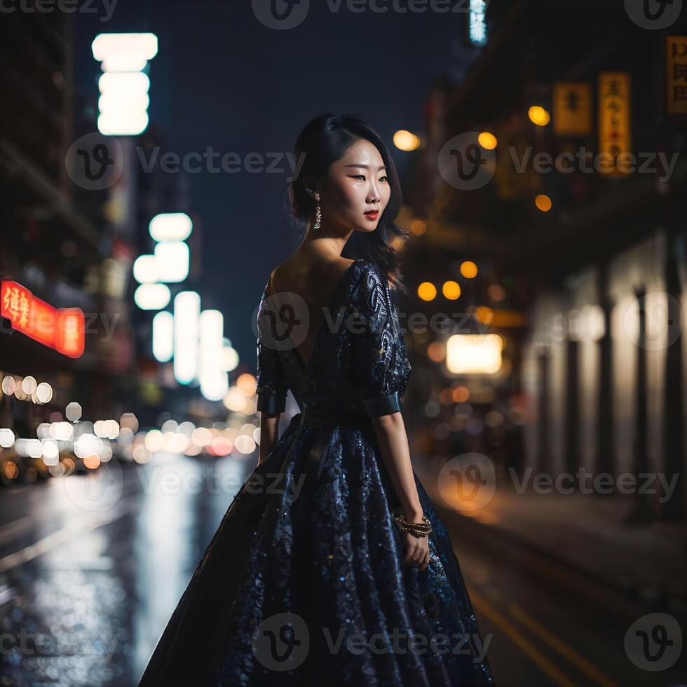 photo of asian woman at street night with light, generative AI