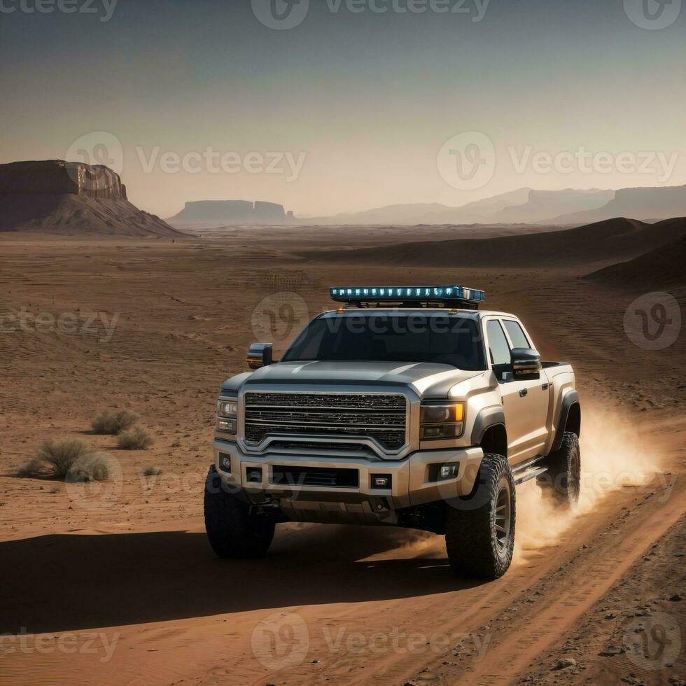 photo of truck in hot sand desert, generative AI