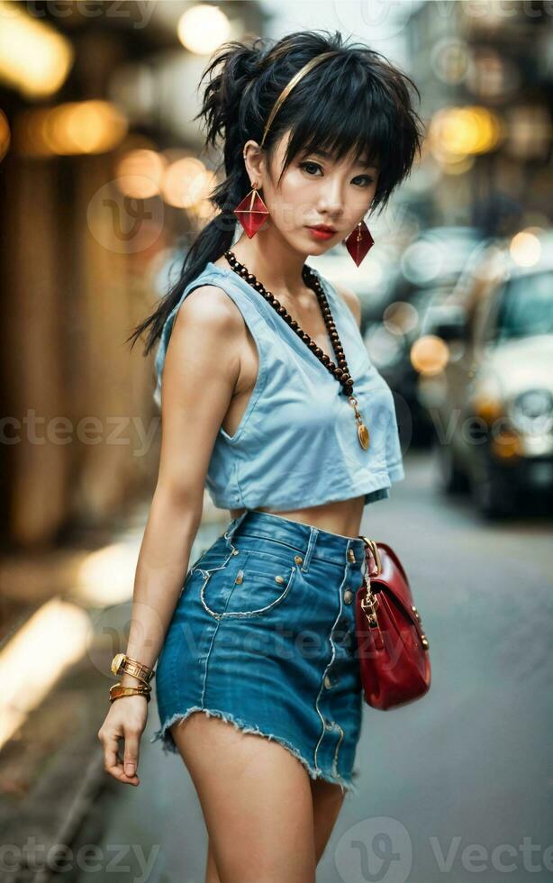 photo of teenage playful asian woman with accessories and mullet hairstyle, generative AI