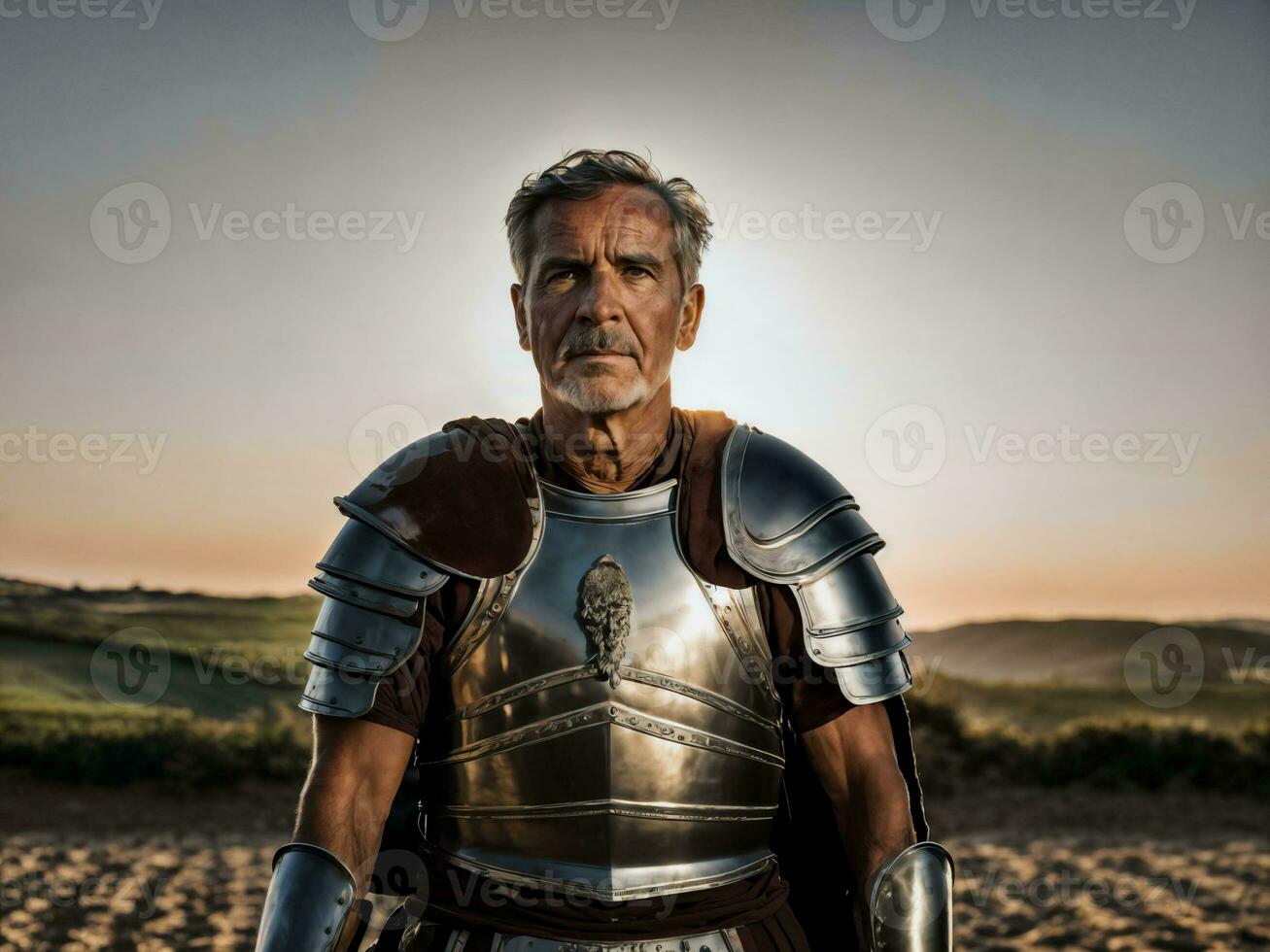 photo of strong ancient senior male warrior with roman armor stained, generative AI