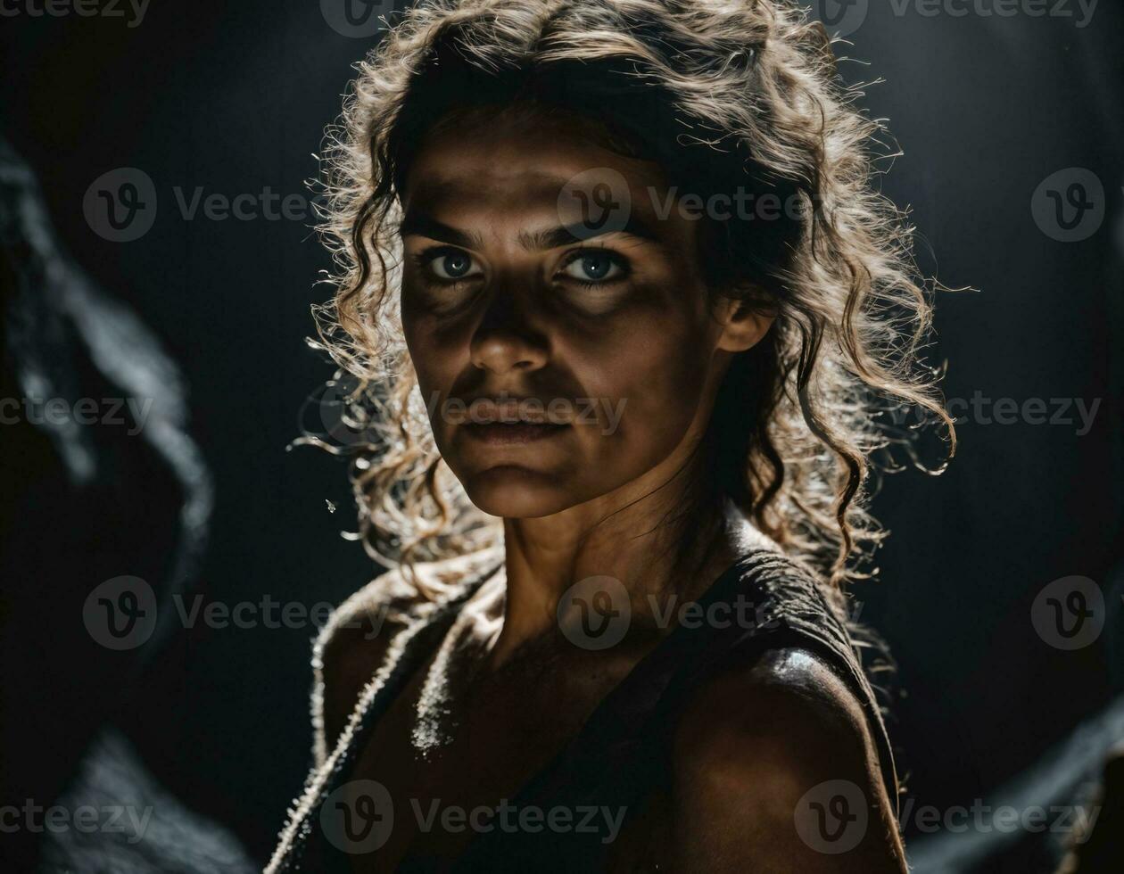 photo of of strong cavewoman inside dark cave, generative AI