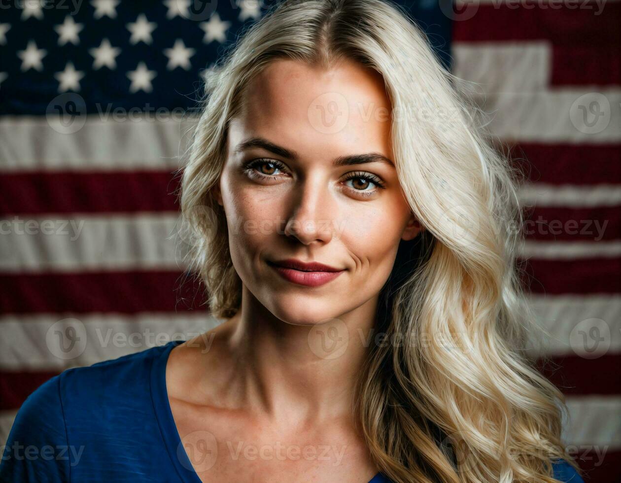 photo of beautiful woman with U.S.A flag background, generative AI