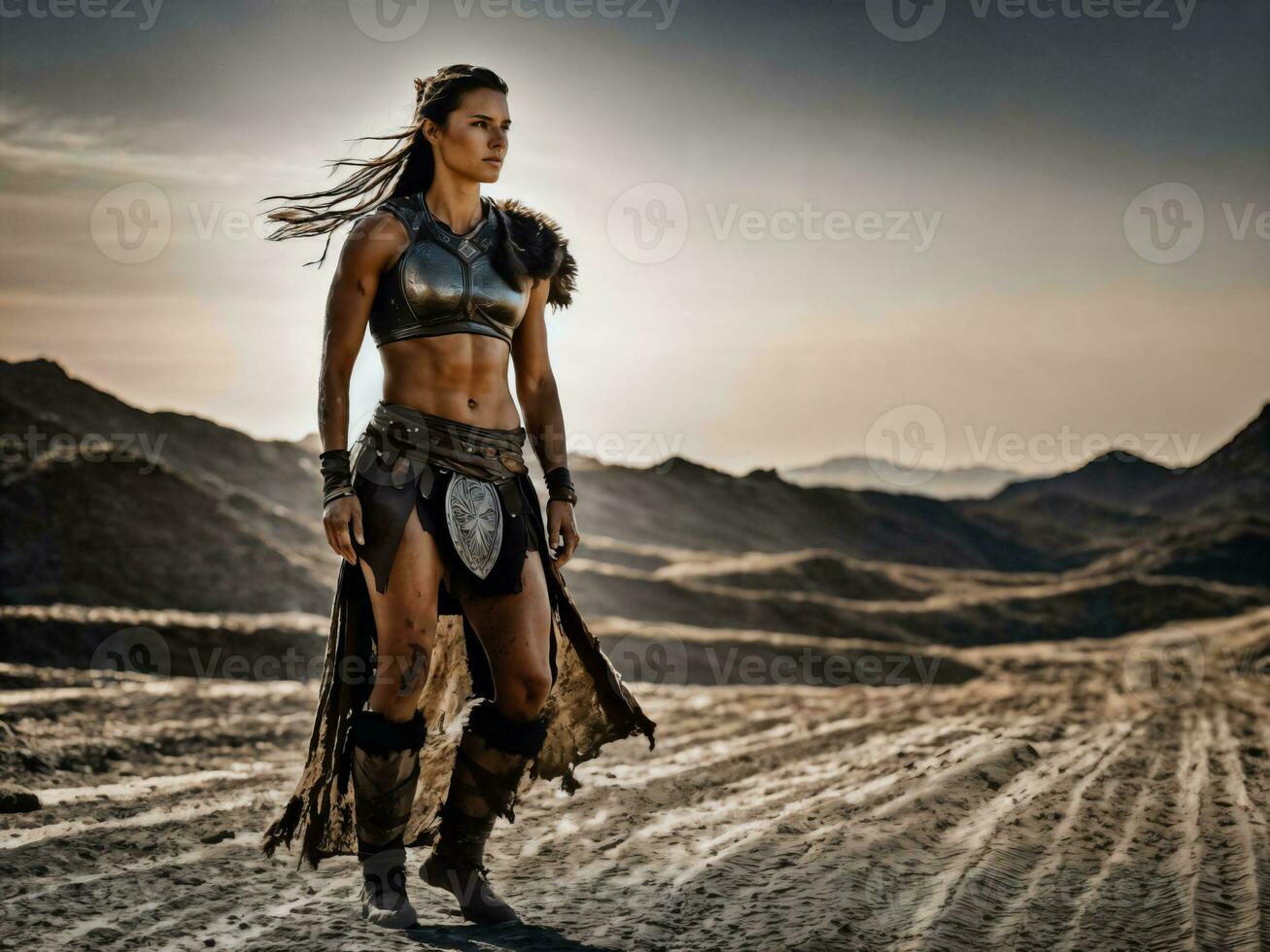 photo of ancient barbarian female warrior stained , generative AI