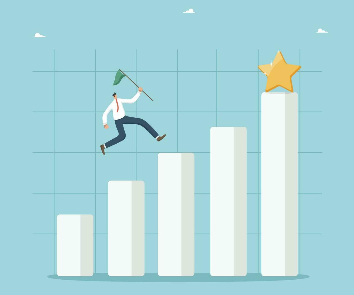 Desire and motivation to achieve high result in work or study, movement or direction to successful achievement of goals, great success and career advancement, man runs along columns of graph to star. vector