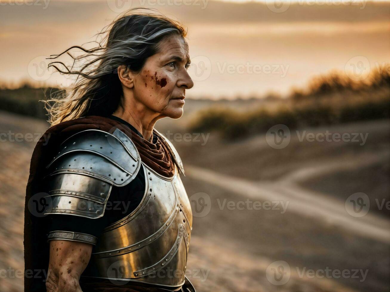 photo of strong ancient senior female warrior with roman armor stained, generative AI