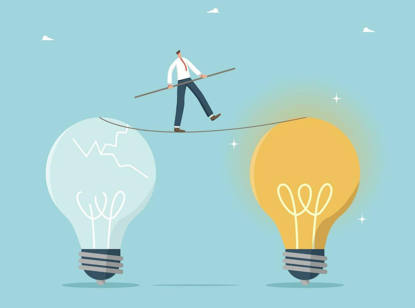 Non-standard ways and strategies for creating new brilliant ideas, creativity and thought process for solving work issues, new knowledge for great success, man walks between light bulbs on tightrope. vector