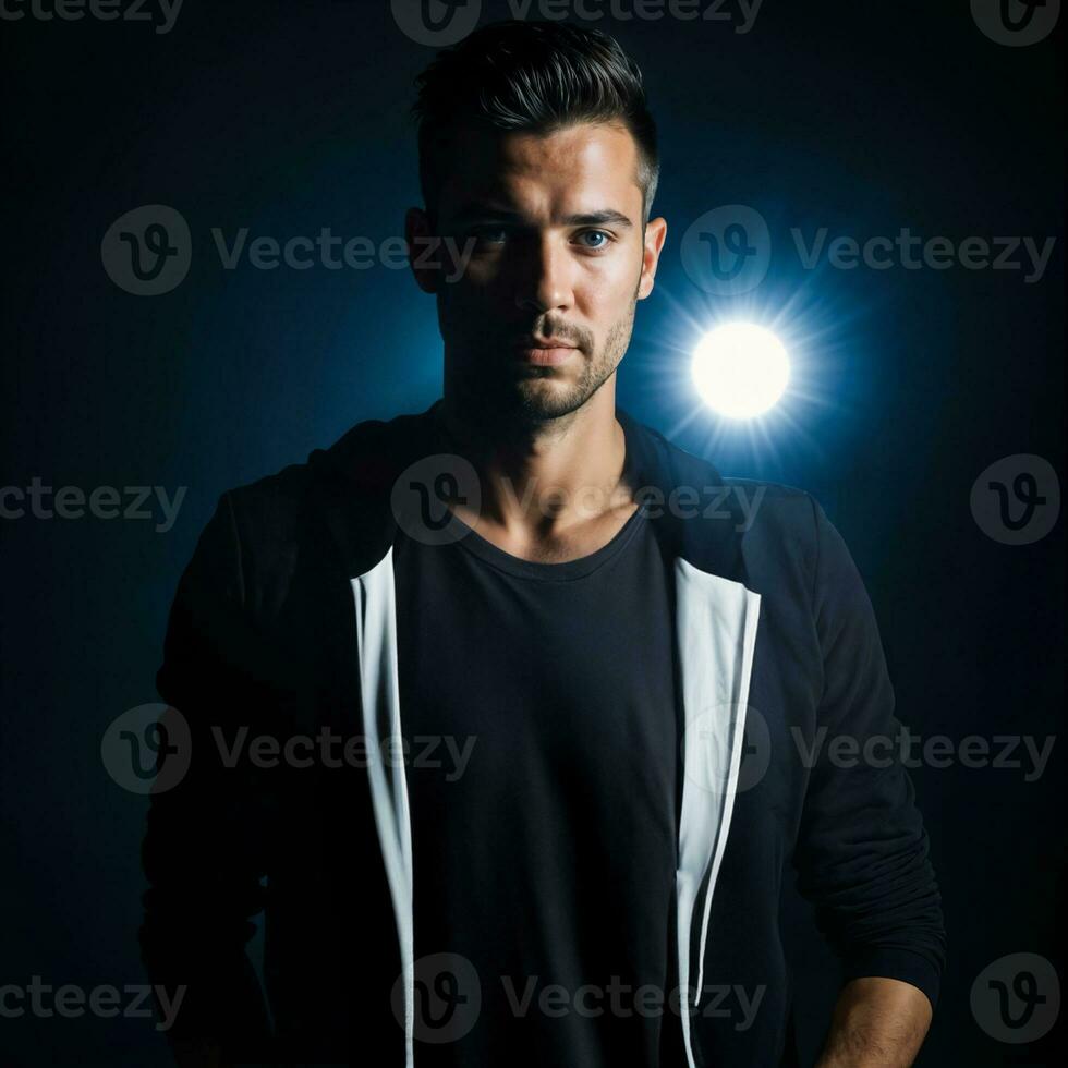 photo of handsome man with blue light on black background, generative AI