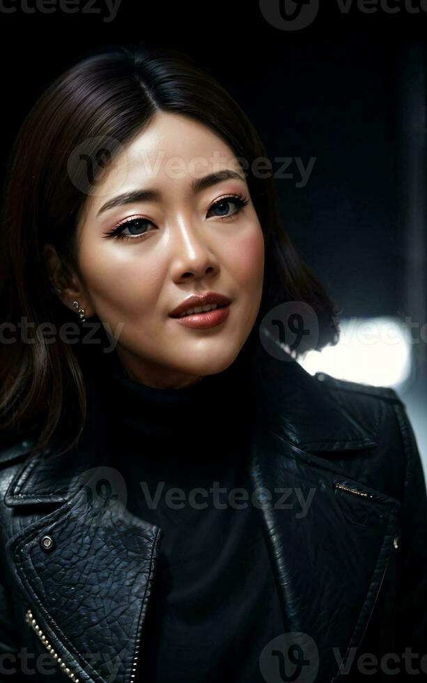 photo of asian woman in jacket outfit with colorful light in background, generative AI