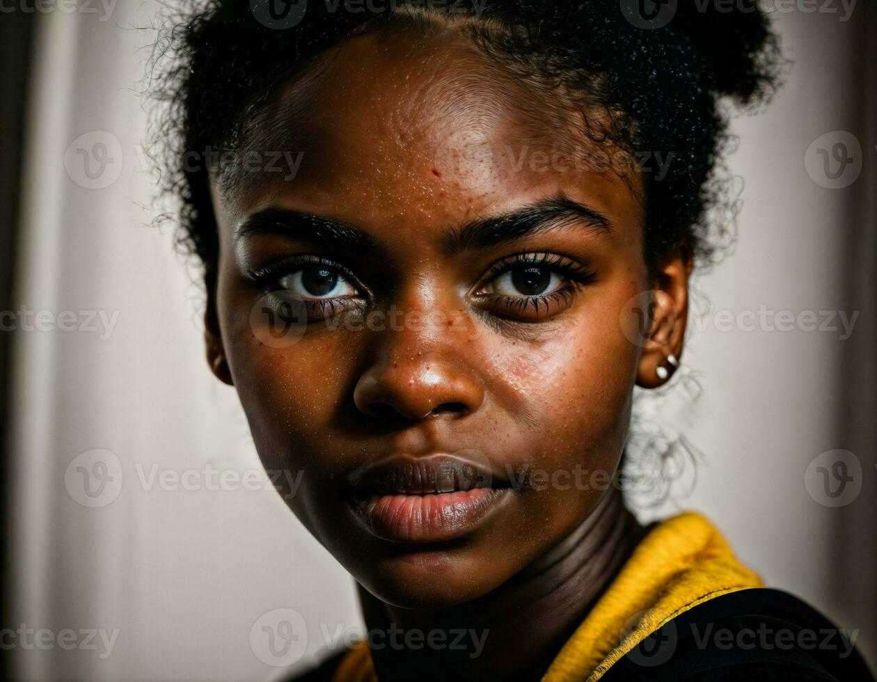 foto de rabia enojado negro Adolescente Universidad niña luchando el otro con herida en rostro, generativo ai