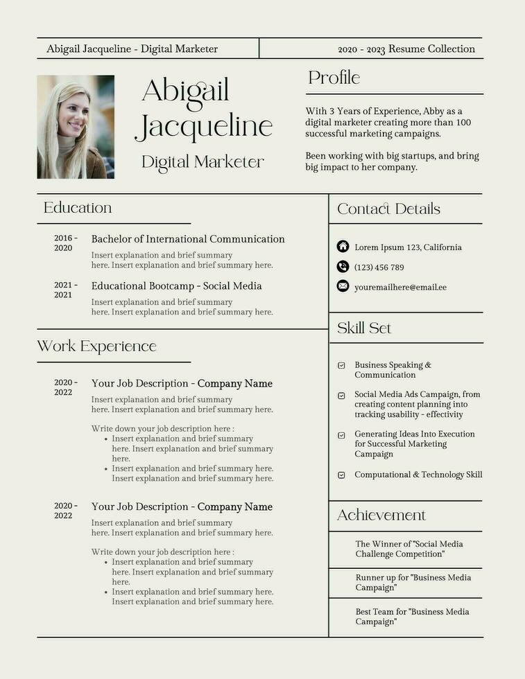 Simple Clean Formal Look Minimalist Resume for Digital Marketer template