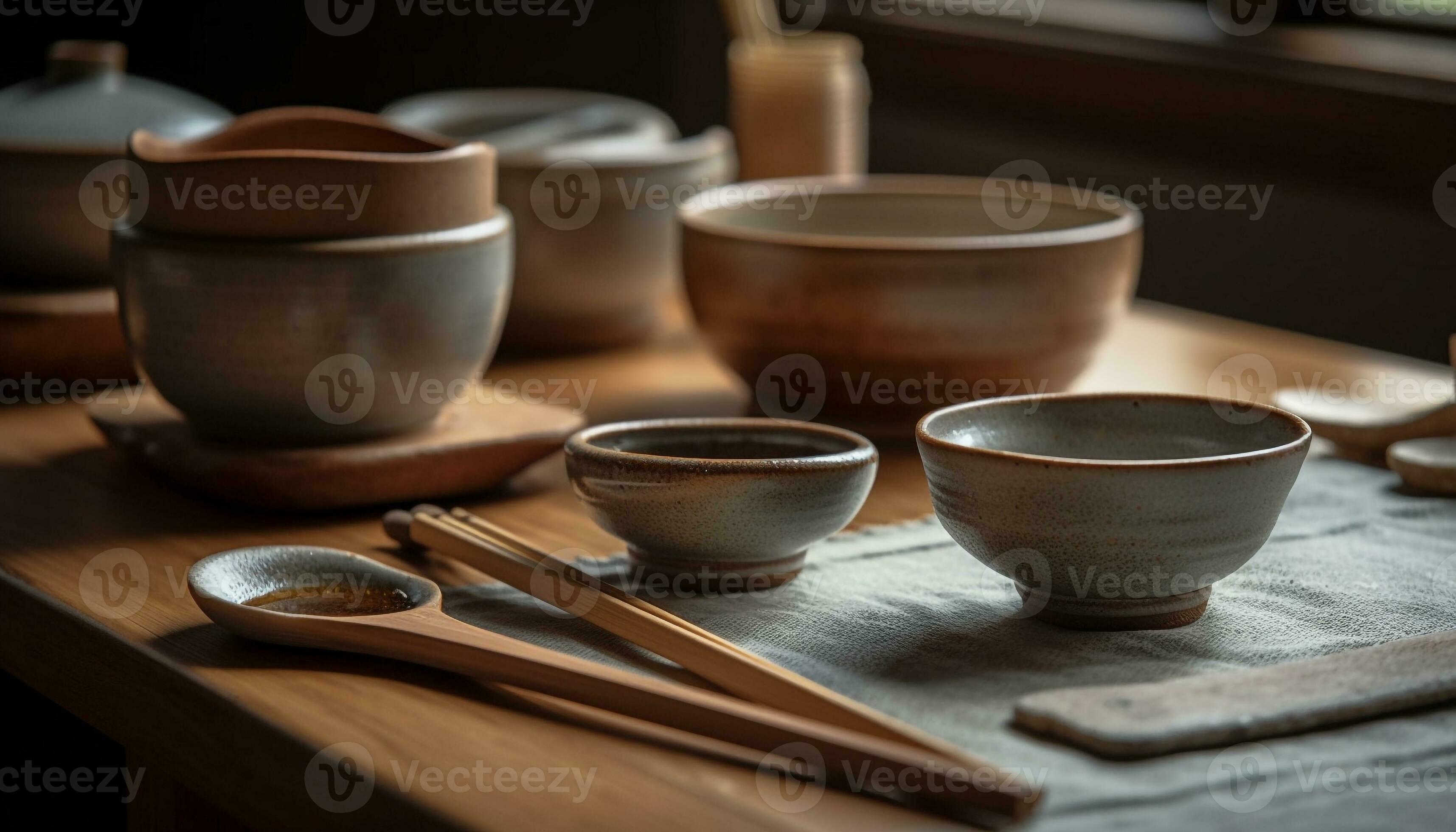 Pottery bowl, wood utensil, clay ceramics, old fashioned kitchenware