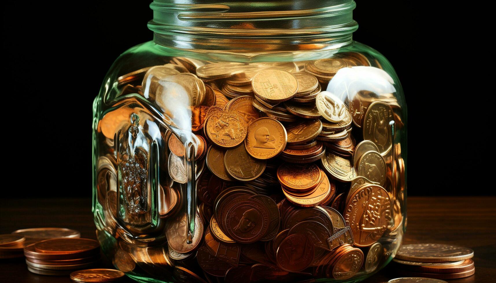 Stacked coins in a glass jar symbolize financial success and growth generated by AI 28062804