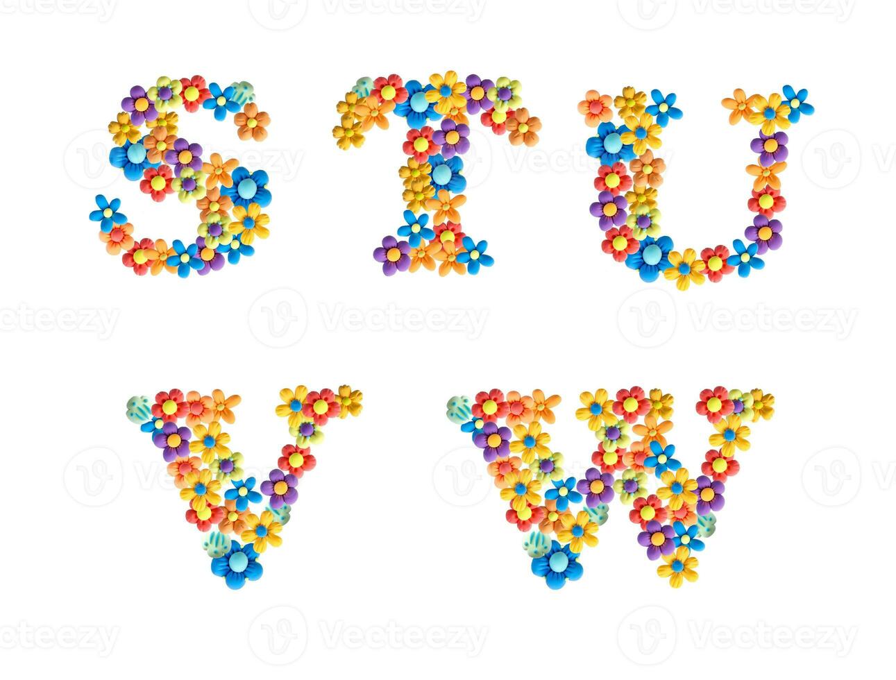 A set of letters for the design of the title or text in full. Unique 3D handmade plasticine design in the form of airy flowers. The alphabet is floral and colorful S T U V W photo