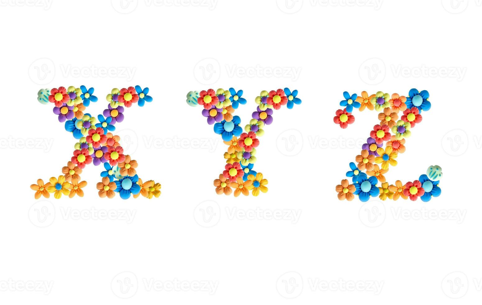 A set of letters for the design of the title or text in full. Unique 3D handmade plasticine design in the form of airy flowers. The alphabet is floral and colorful S T U V W photo