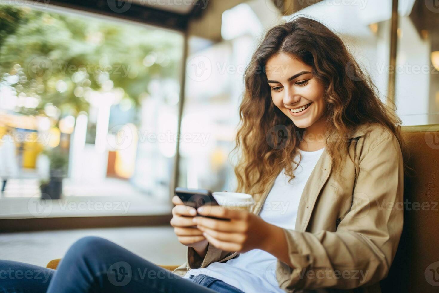 Young beautiful woman using smartphone in a city, Smiling student girl texting on mobile phone outdoor, Modern lifestyle, connection, casual business concept. AI Generated photo