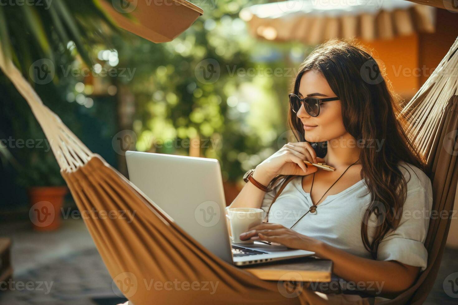Woman using laptop outdoor. Young beautiful girl in a hammock and working on computer. Freelance, summer, enjoy life, student lifestyle, distance studying, travel vacations. AI Generated photo