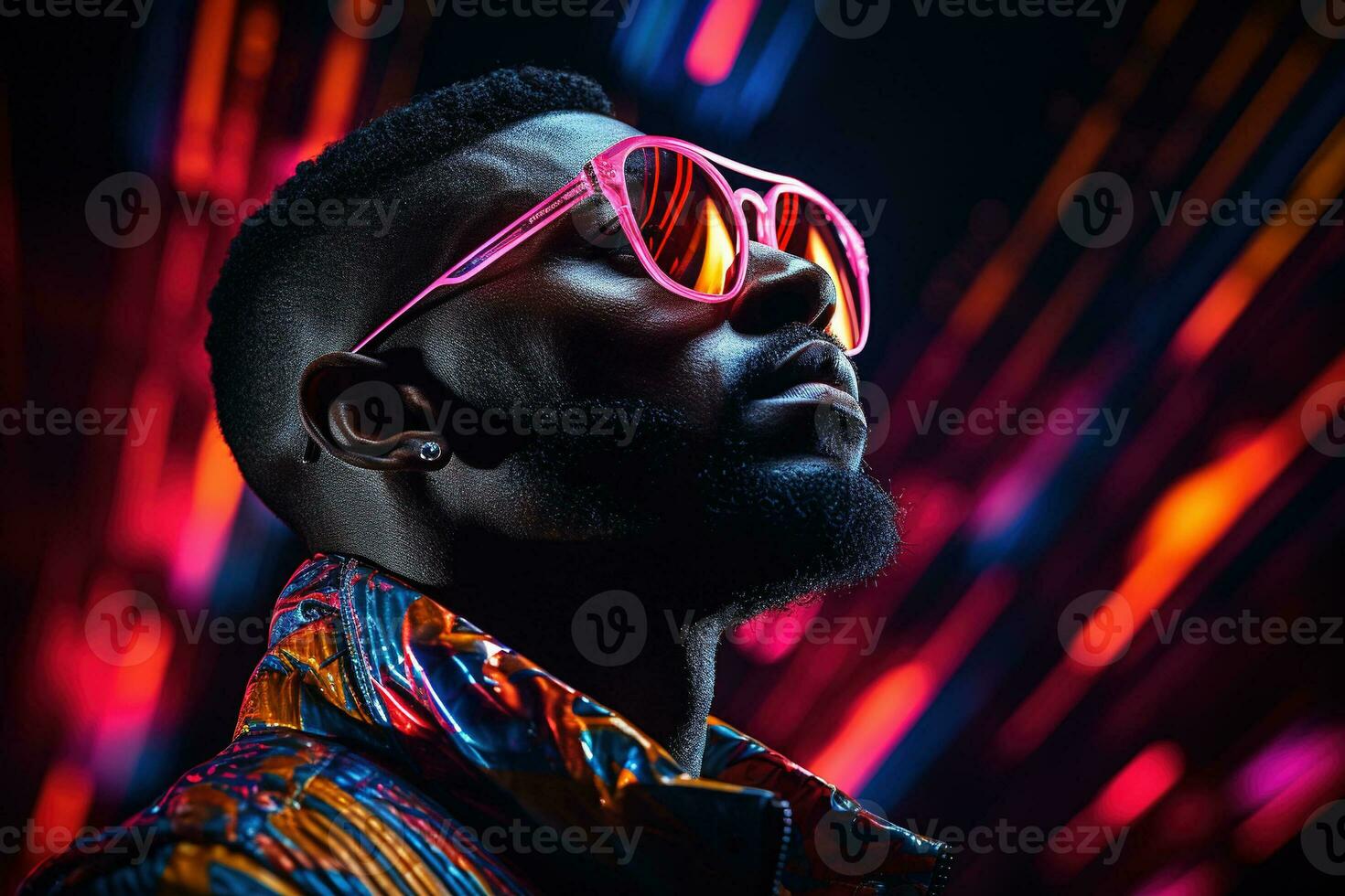 The retro wave or synth wave portrait of a young happy serious African man at studio. AI Generated photo