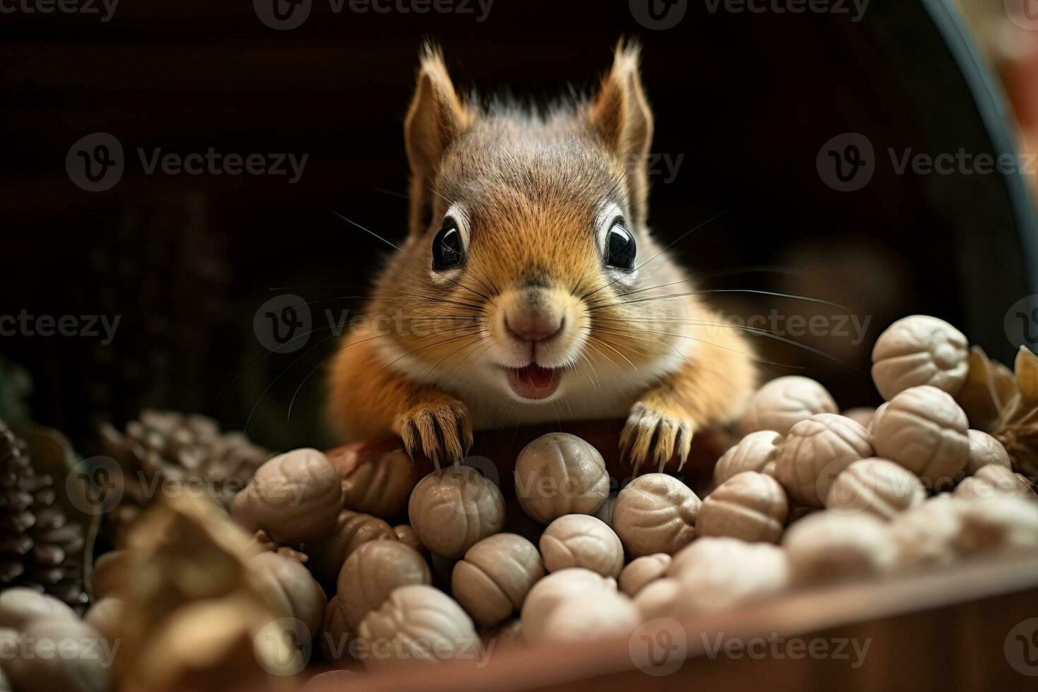 Cute squirrel character at home acorns. AI Generated photo