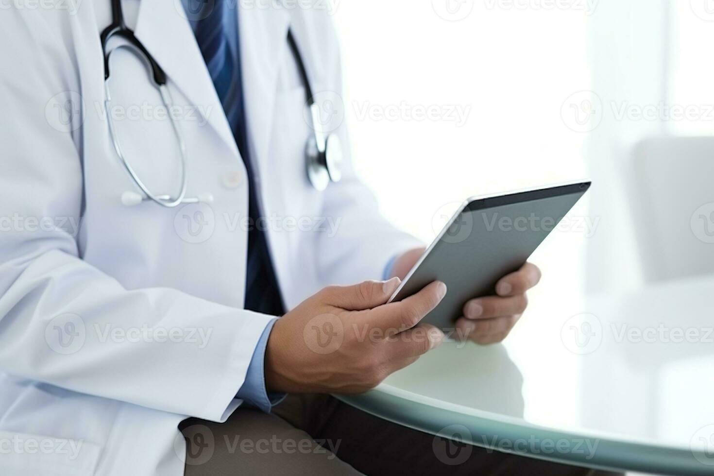 Male doctor using a digital tablet while sitting in the office. AI Generated photo