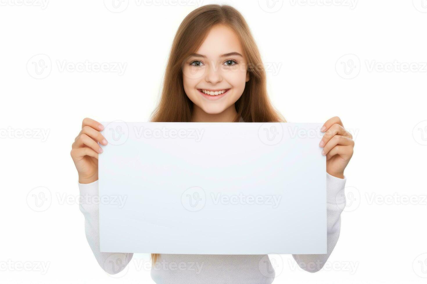 Happy Scholl girl holding blank white banner sign, isolated studio portrait. AI Generated photo