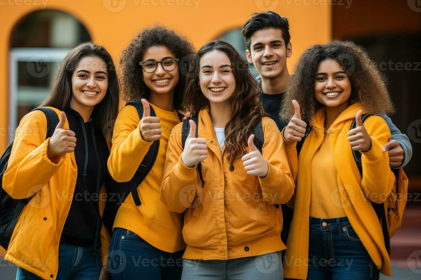 Education concept . Happy team of students showing thumbs up over on yellow background. AI Generated photo