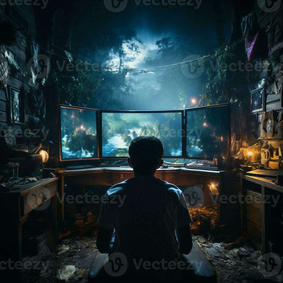 Premium Photo  Gamer playing online game on pc in dark room.