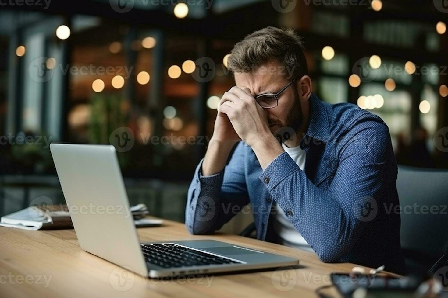 Stressed business man sitting at office workplace. Tired and overworked student man. Young exhausted men in stress working on laptop computer. AI Generated photo