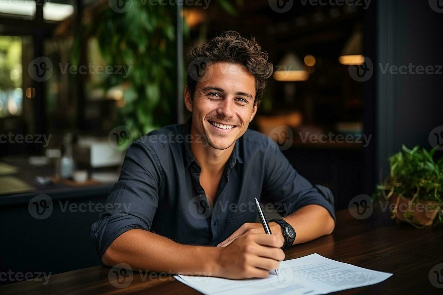 Satisfied young man with glasses sitting at a desk and doing paperwork at his workplace. AI Generated photo