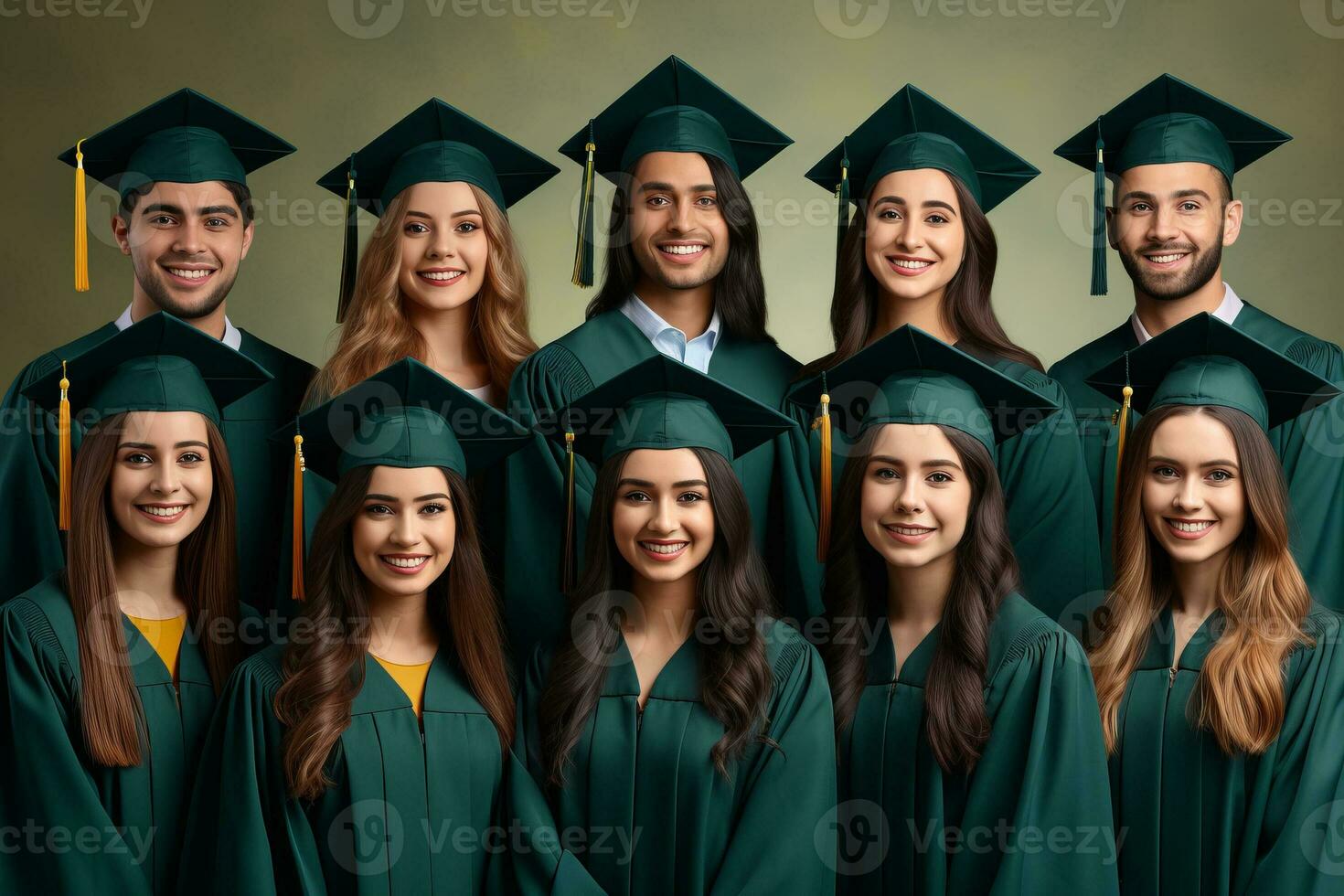 Education concept . Happy team of students on green background. AI Generated photo