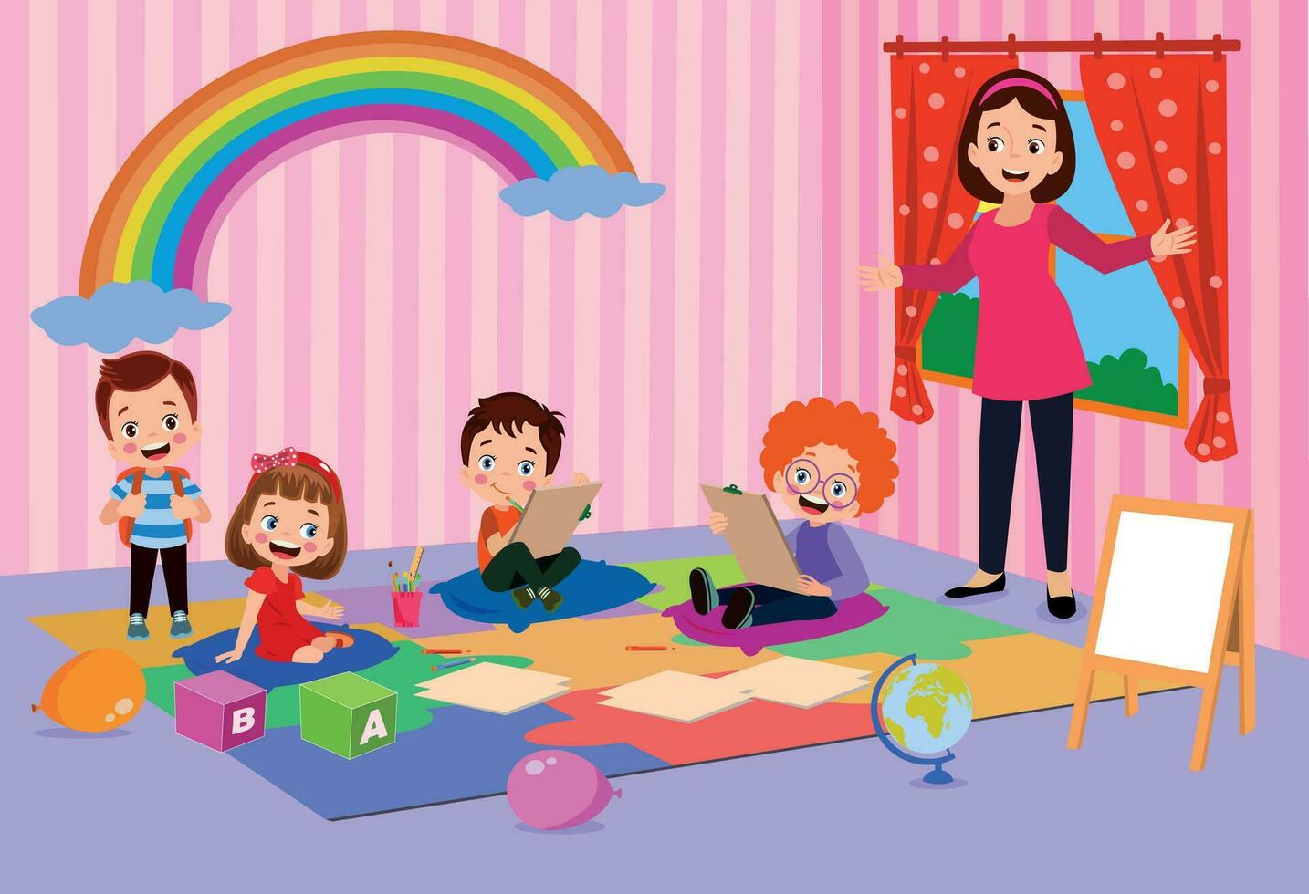 Vector Illustration Of Kids Playing in the classroom