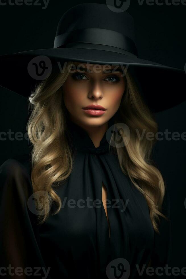 Dramatic dark studio portrait of elegant and sexy young woman in black wide hat and black dress. AI Generated photo