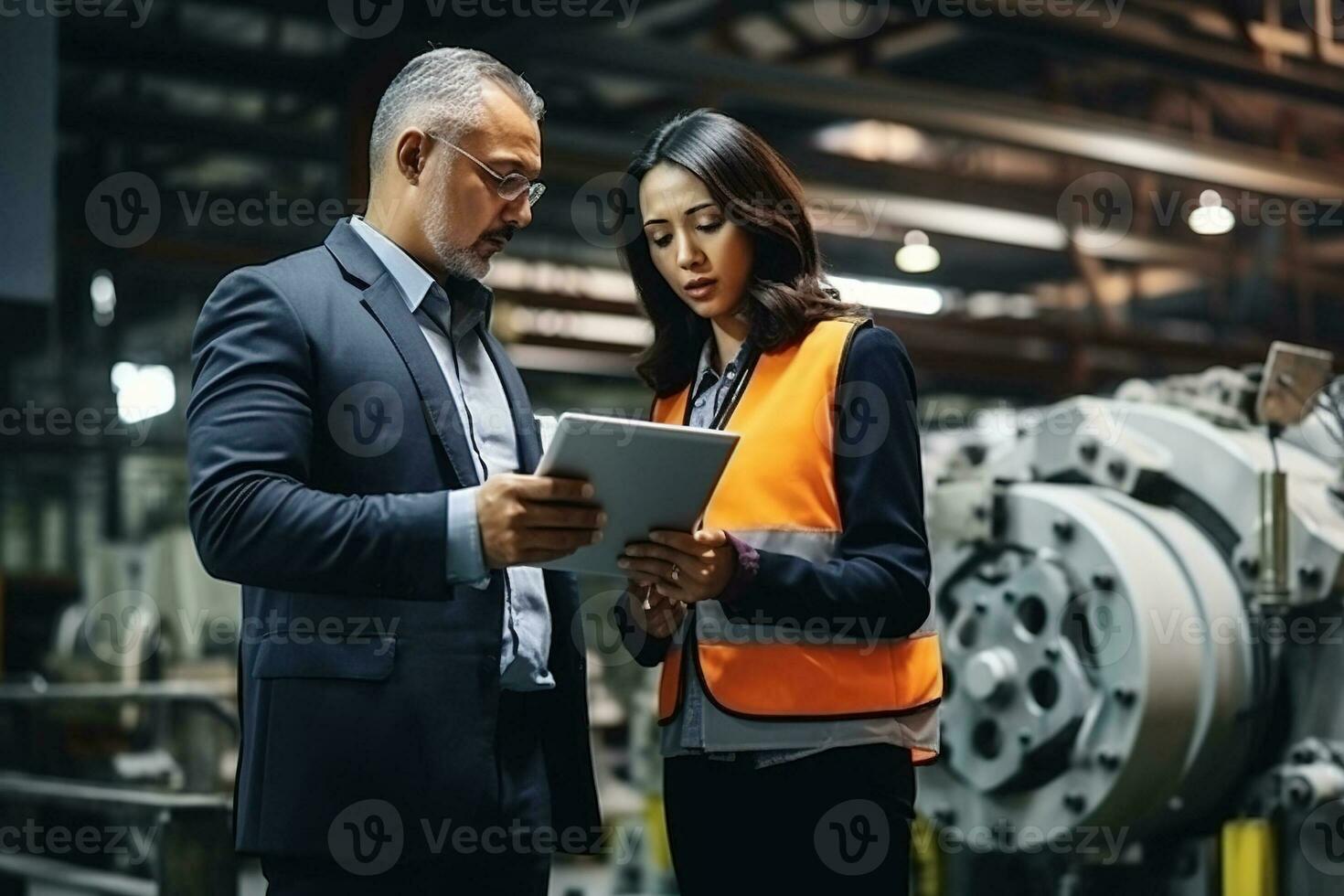 In Technology Research Facility Female Project Manager Talks With Chief Engineer, they Consult Tablet Computer. AI Generated photo