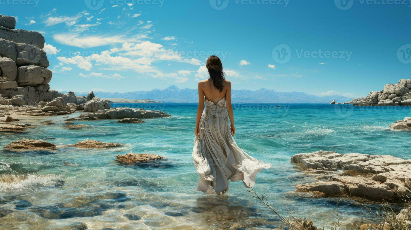 Greek goddess standing majestically against the backdrop of a blue sea and a blue sky. AI Generated photo
