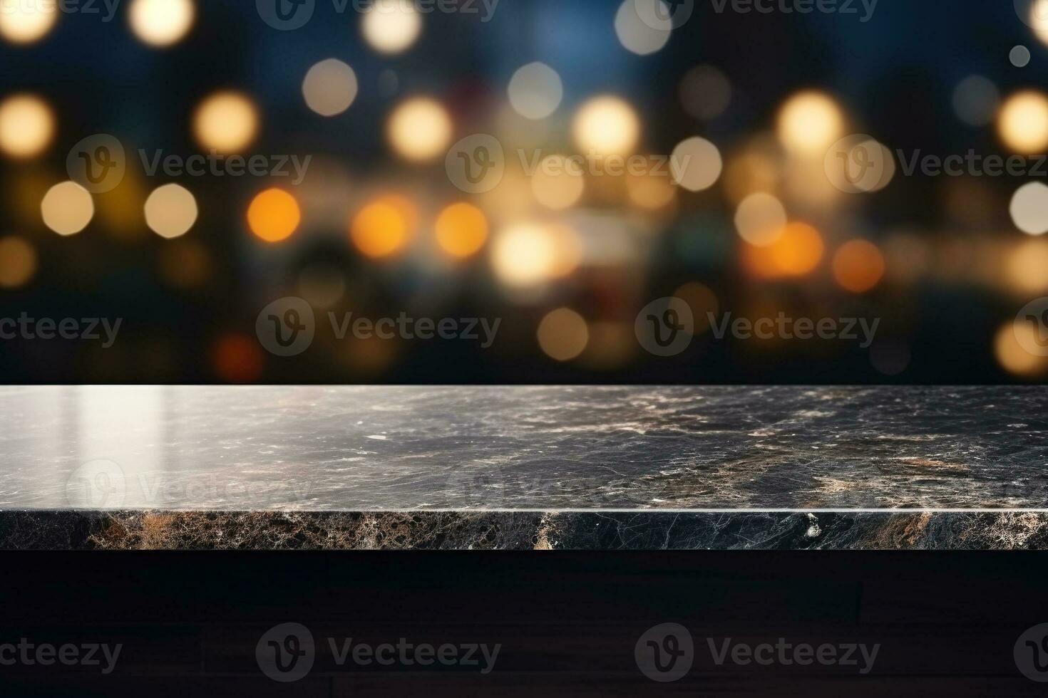 Modern empty dark marble table top or kitchen island on blurry bokeh kitchen room interior background. for montage product display. AI Generated photo