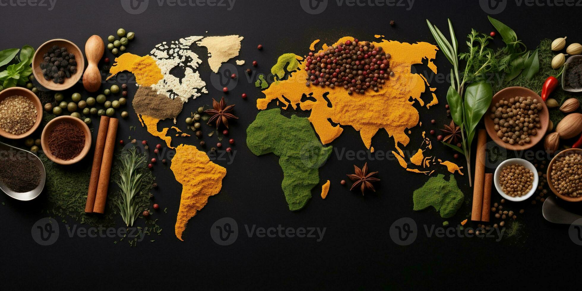 Spices and herbs around the world in the shape of a world map on a dark background. Top view. Creative photo banner. AI Generated