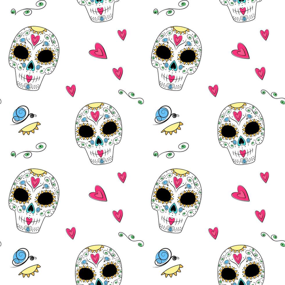 Seamless pattern of Sugar Skull, abstract flowers, hearts and butterfly. Dia de los muertos. Mexico vector