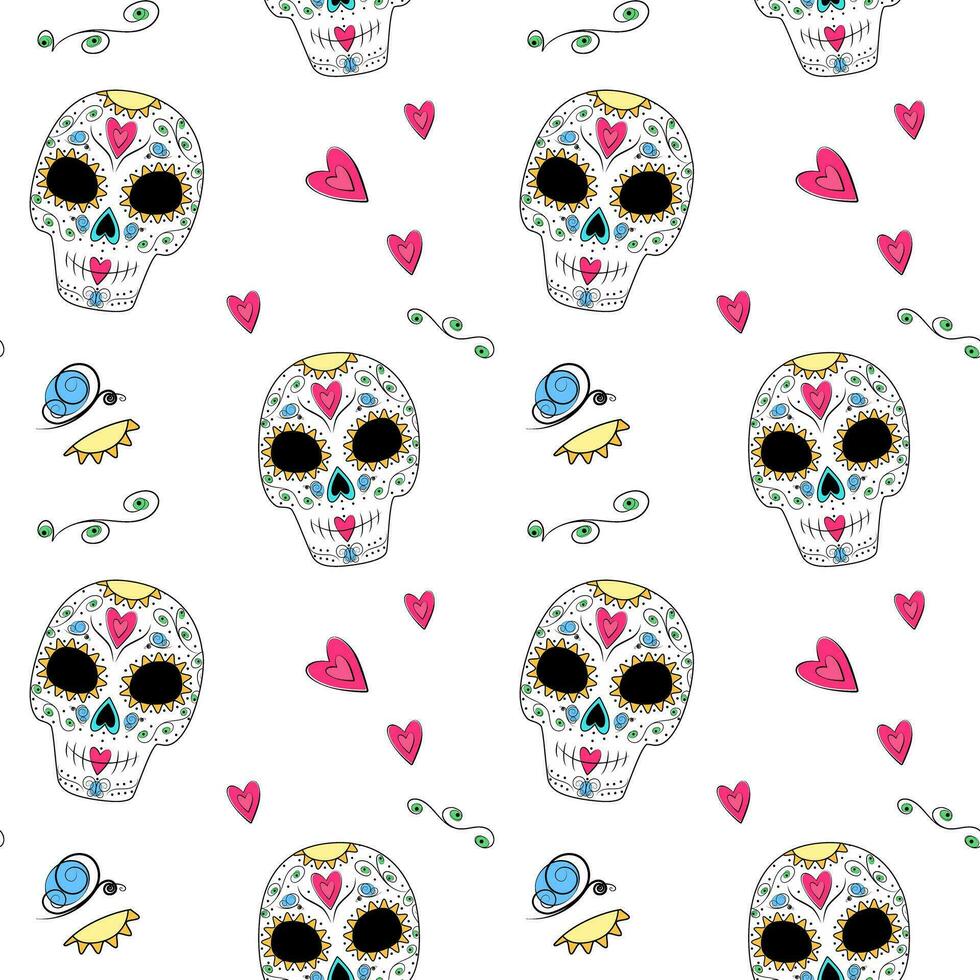 sin costura modelo de azúcar cráneo, resumen flores, corazones y mariposa. dia Delaware los muertos. mexico vector