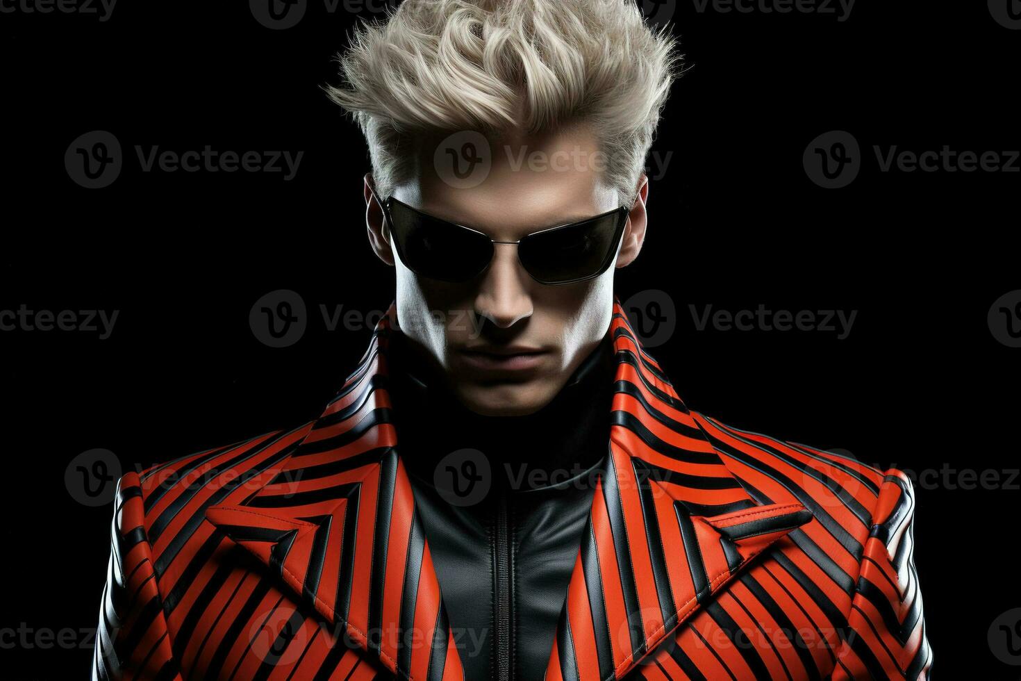 Portrait of fashion caucasian male model, in style of futurism fashion, black background. AI Generated photo