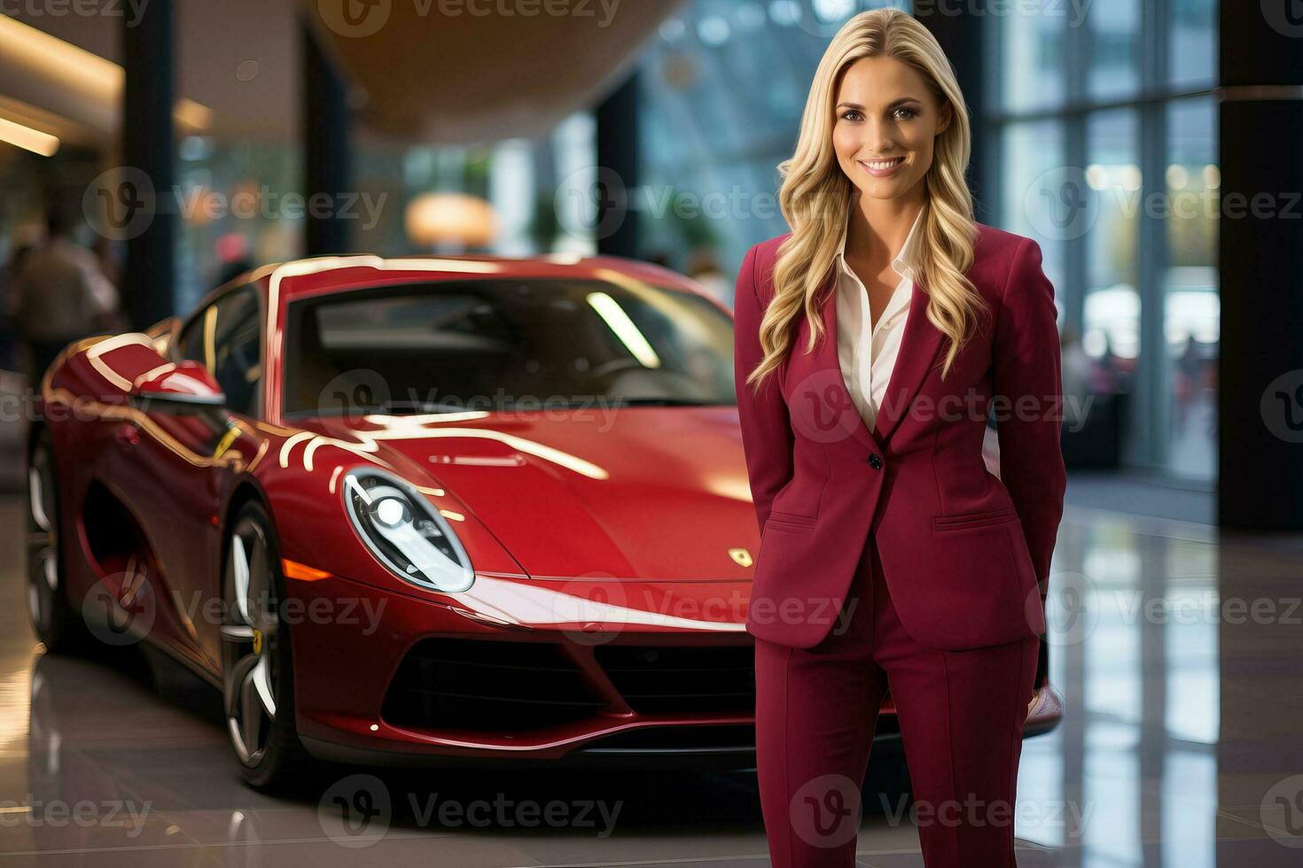 A woman in a suit stands next to a supercar . AI Generated photo