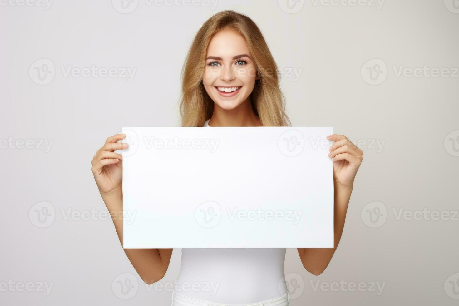 Happy young woman holding blank white banner sign, isolated studio portrait . AI Generated photo