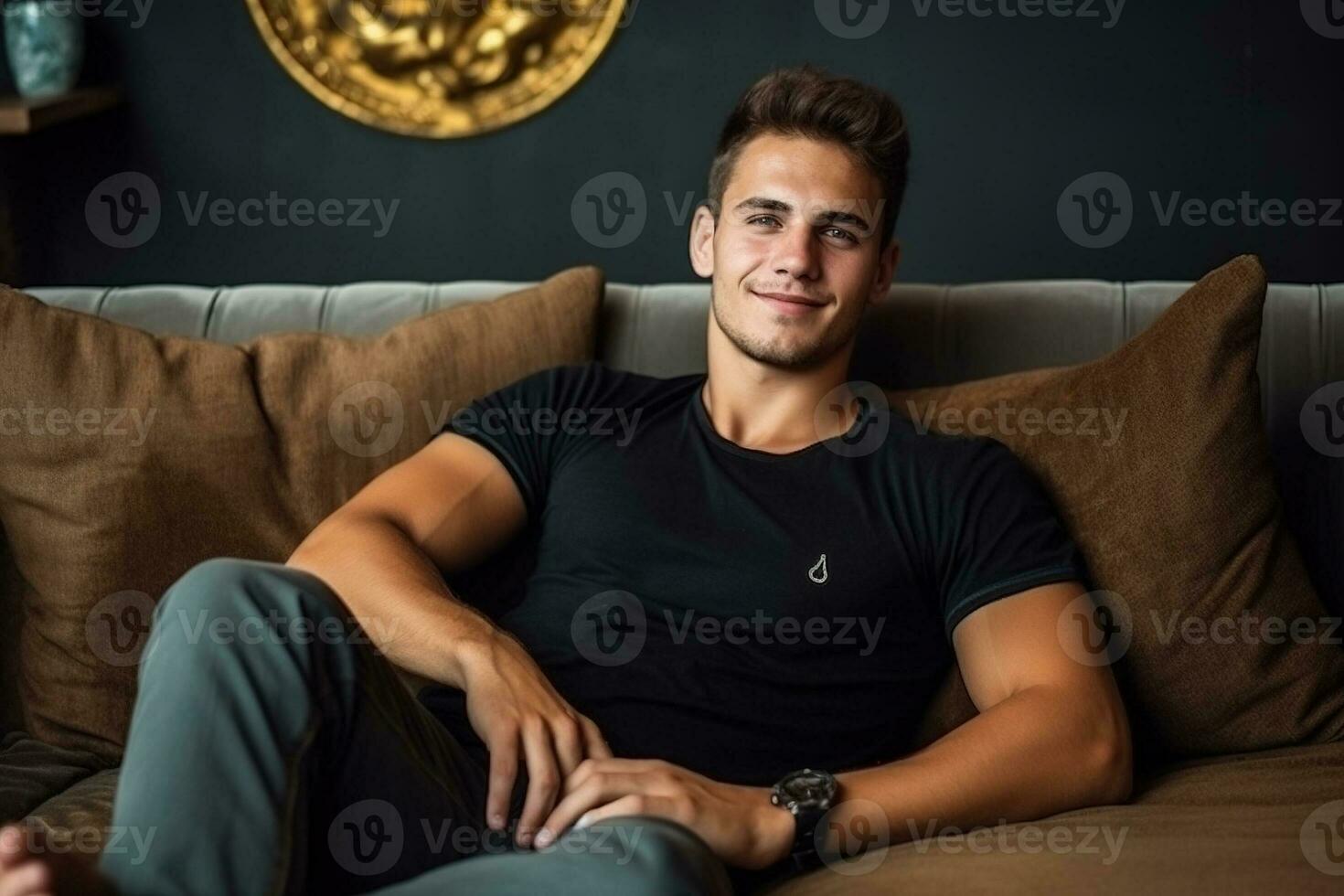 Satisfied handsome young man relaxing on the sofa at home, Smiling men enjoying day off lying on the couch, Healthy lifestyle, people and holiday concept.. AI Generated photo