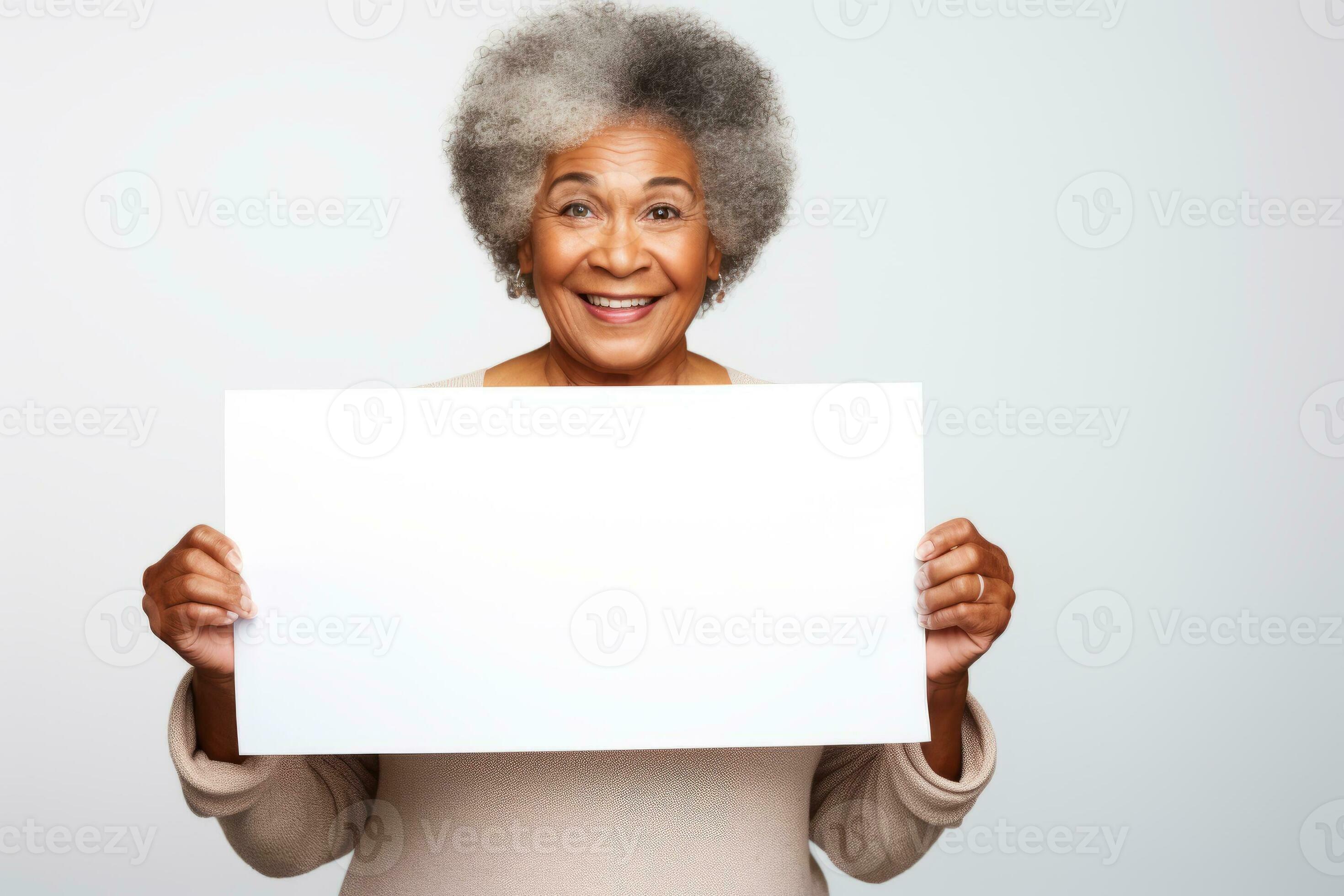 Happy old black woman holding blank white banner sign, isolated studio  portrait . AI Generated 28065004 Stock Photo at Vecteezy