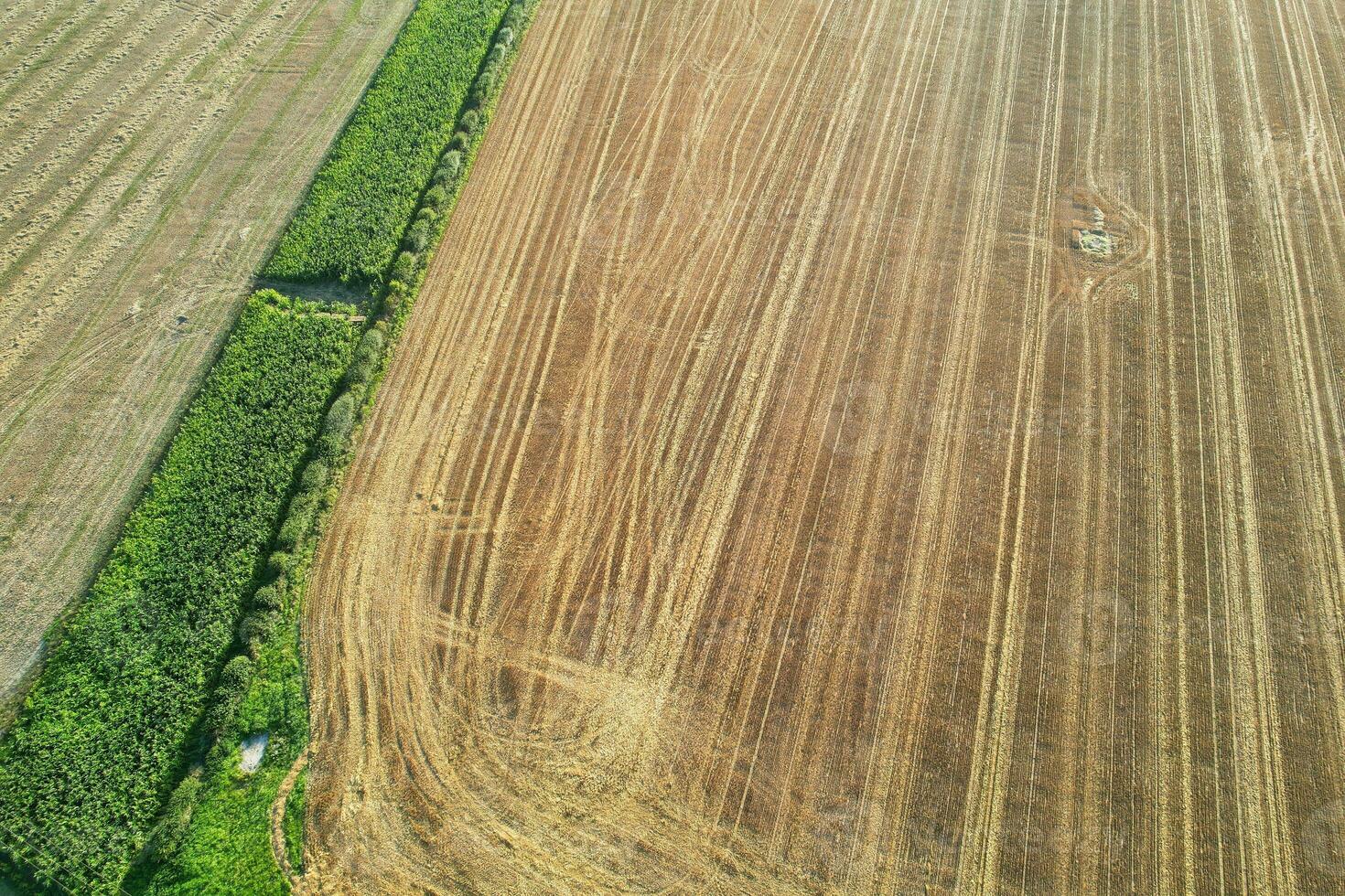 High Angle Panoramic Landscape View of British Agricultural Farms at Countryside Landscape of Sharpenhoe Clappers, Luton City of England UK. Footage Captured on August 19th, 2023 photo