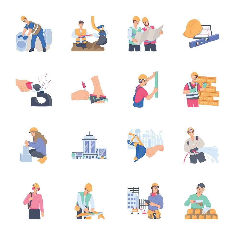Bundle of Construction Labours Flat Illustrations vector