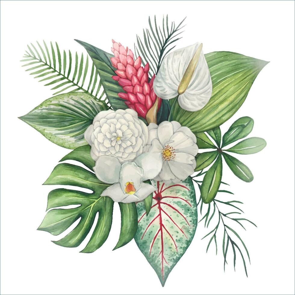 Composition with green tropical leaves and flowers, watercolor vector