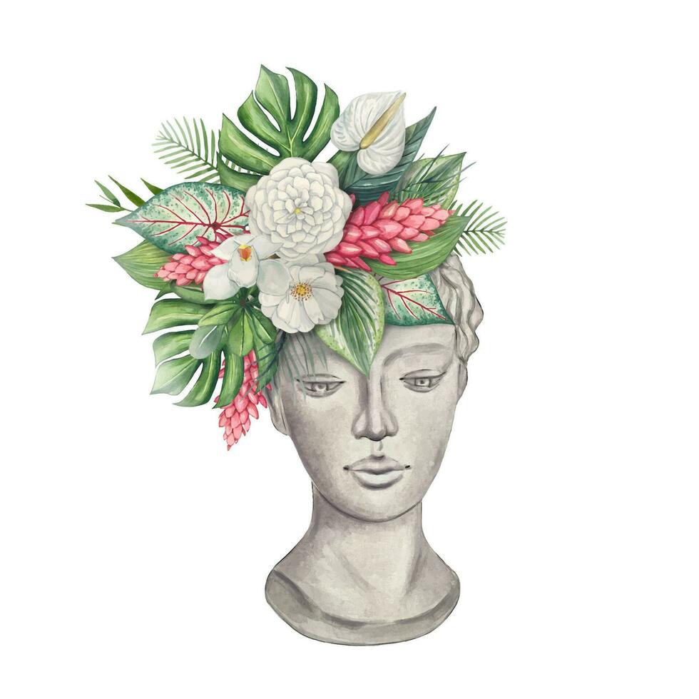 Vase in the form of a plaster head with tropical leaves and flowers, watercolor vector