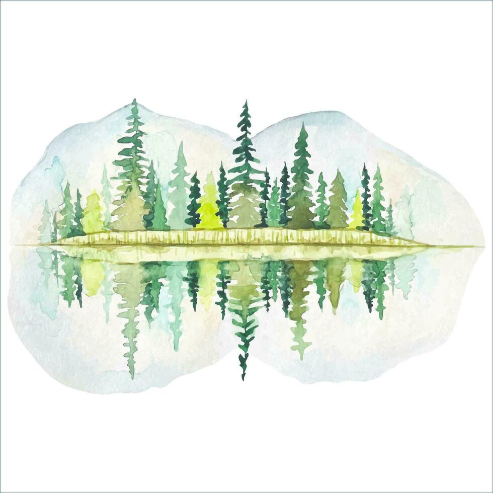Watercolor landscape with forest and lake vector