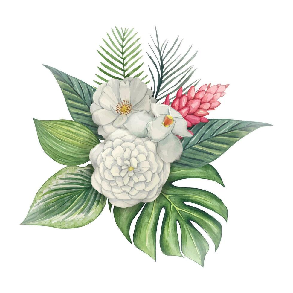 Tropical bouquet. Composition with green tropical leaves and white flowers, watercolor vector