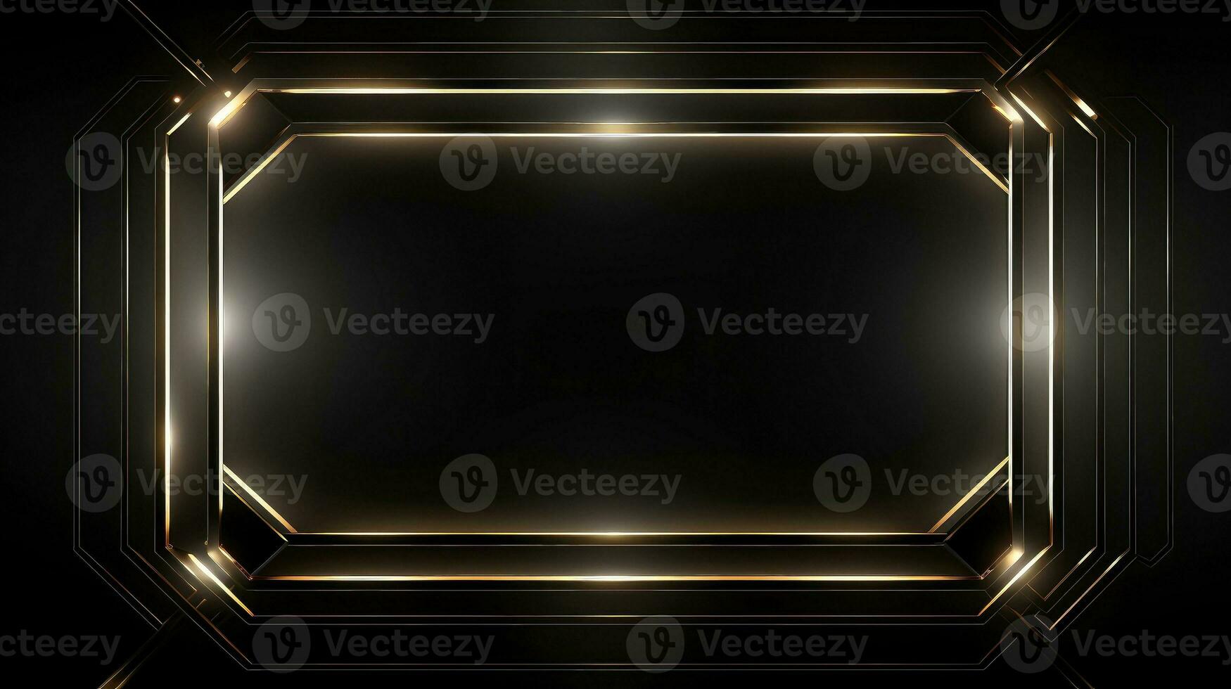 Gold shiny glowing vintage frame isolated on black. Golden luxury border, Generative AI illustration photo